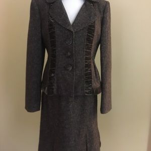 Nanette Lepore Brown Tweed Wool Velvet Skirt Suit